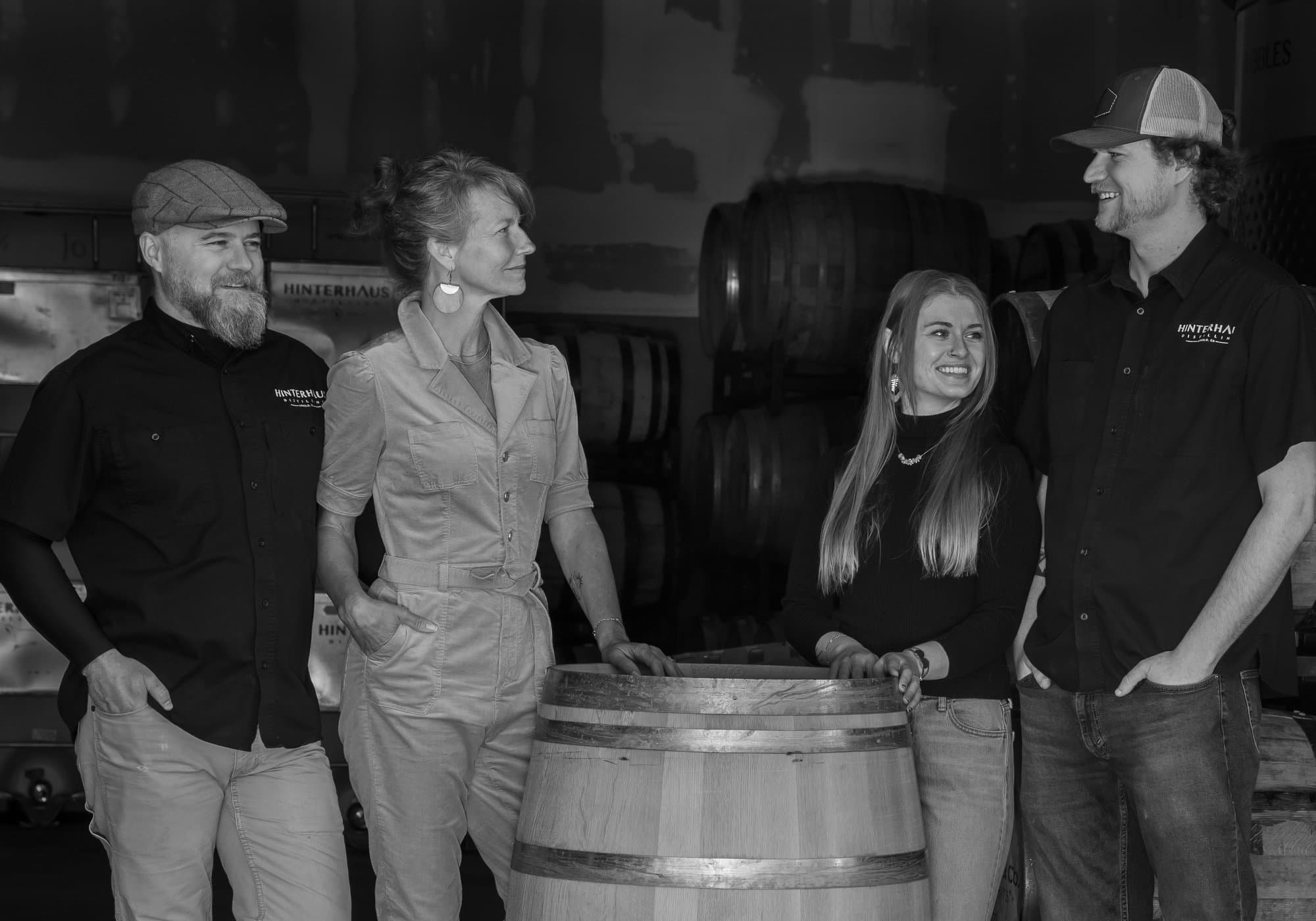 The Hinterhaus Distilling team in the barrel room